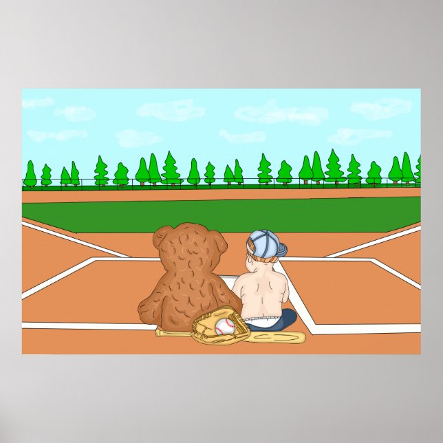 Póster Niño pequeño en el campo de béisbol junto al osito (Frente)