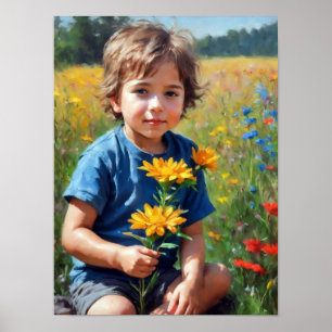 Póster Niño pequeño en un campo de pintura de flores