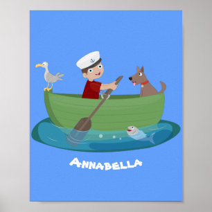 Póster Niño pequeño marinero y personalizado de un bote d