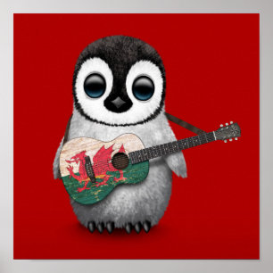 Póster Niño Pingüino jugando a la guitarra de la bandera 