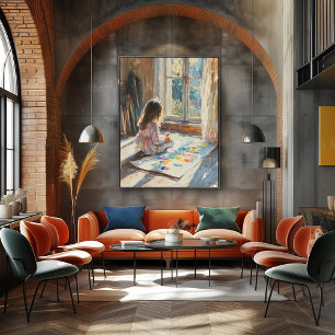Póster Niño Pintando en Habitación Iluminada por el Sol –