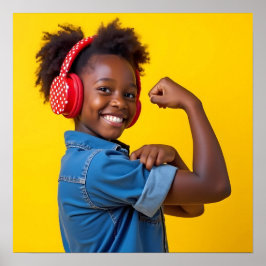 Póster Niño sonriente con autismo rojo con auriculares ne