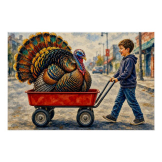 Póster Niño tira de pavo en carro rojo,