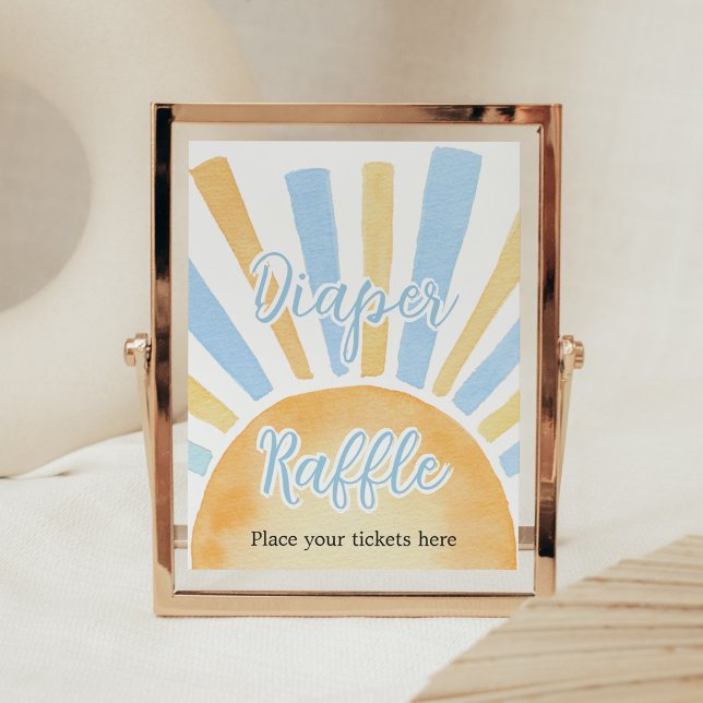 Póster Niño Un pequeño rayo de sol Diaper Raffle (Blue Boho Sunshine Baby Shower Diaper Raffle Sign)