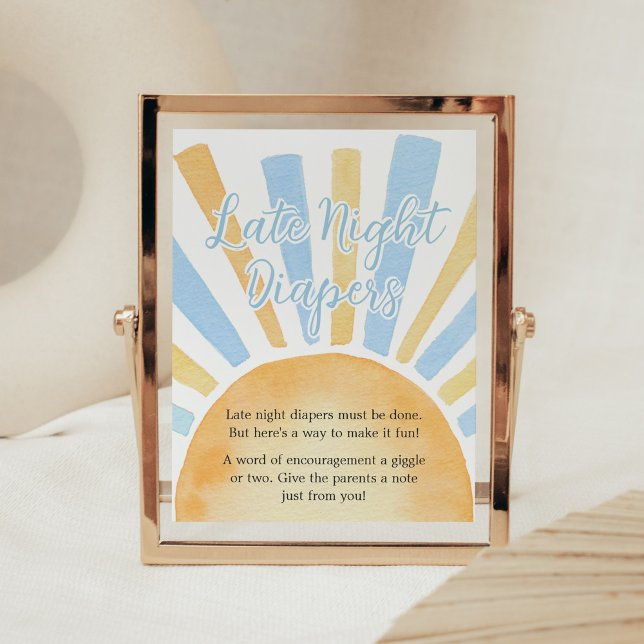 Póster Niño Un pequeño rayo de sol en los aparejos noctur (Blue Boho Sunshine Baby Shower Late Night Diapers Sign)