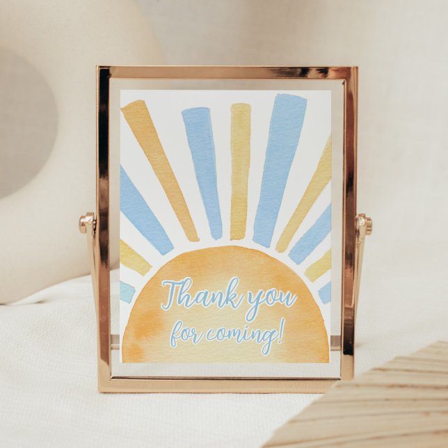 Póster Niño Un pequeño rayo de sol Gracias por venir (Blue Boho Sunshine Baby Shower Thank you for Coming Sign)