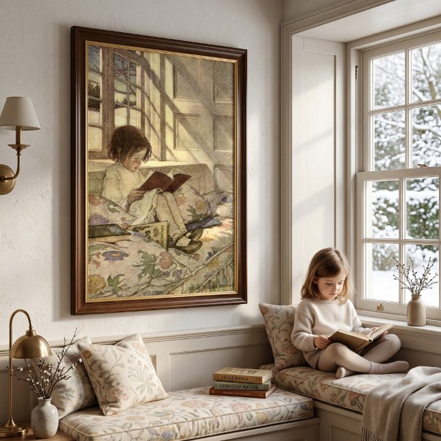 Póster Niño ventilado leyendo un libro, Jessie Willcox Sm (Vintage illustration featuring Picture Books in Winter, A Garden of Verses by Jessie Willcox Smith. )