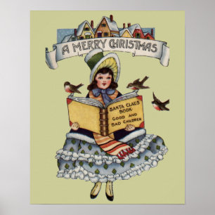 Póster Niño vintage con libro de Santa Claus