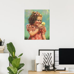 Póster Niño Vintage, Sonrisa Feliz, Niña con Pollito