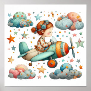 Póster Niño volando un avión de hélice una guardería capr