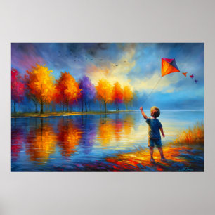 Póster Niño volando una cometa junto al río otoñal