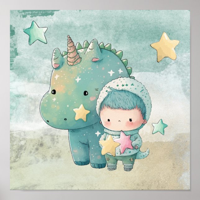 Póster Niño Y Amigo De Dinosaurios Nursery Wall Art (Frente)