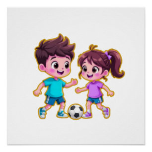 Póster Niño y niña de dibujos animados lindos jugando fút