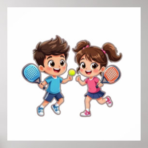 Póster Niño y Niña de Dibujos Animados Lindos Jugando Pad