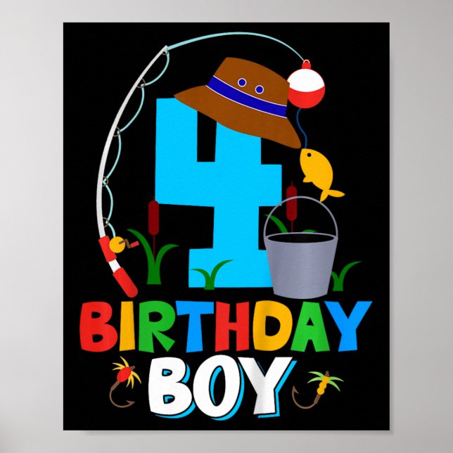 Póster Niños 4º cumpleaños Shirt Boy Fishing Fish Bday Pa (Frente)