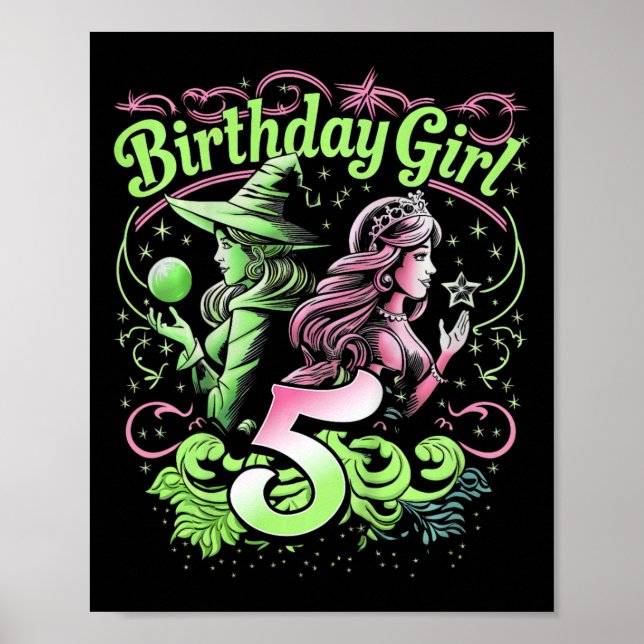 Póster Niños 5º cumpleaños Bruja Rosa y Verde De 5 Años (Frente)