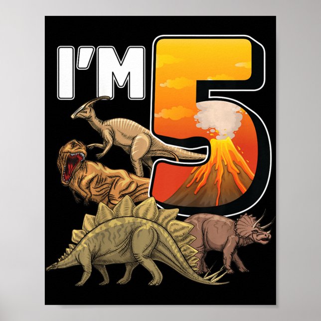 Póster Niños 5 años cumpleaños de dinosaurios 5.º paleo F (Frente)