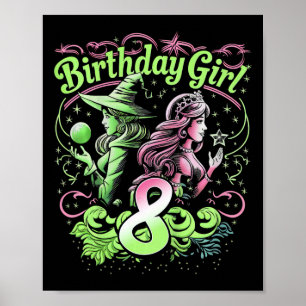 Póster Niños 8 Aniversario Bruja Rosa Y Verde De 8 Años