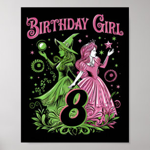 Póster Niños 8 Aniversario Bruja Rosa Y Verde De 8 Años