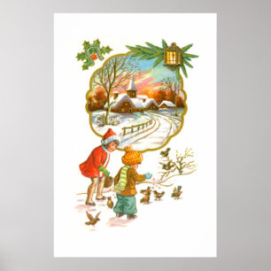 Póster Niños alimentando a las aves