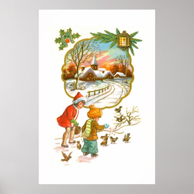 Póster Niños alimentando a las aves (Frente)