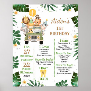 Póster Niños Animales Safari Primer hito de cumpleaños