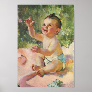 Póster Niños Antiguos, Bebé Adorable en una Manta Rosa