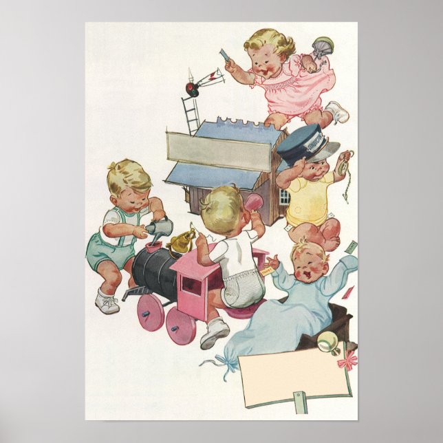 Póster Niños Antiguos Divirtiéndose Jugando con Trenes de (Frente)