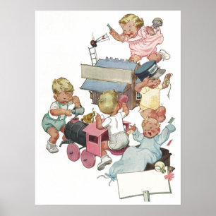 Póster Niños antiguos divirtiéndose jugando con trenes de