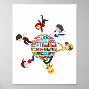 Póster Niños Bailando Alrededor De Las Banderas Del Mundo