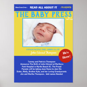 Póster Niños Blue Yellow Keepsake Photo Birth Poster