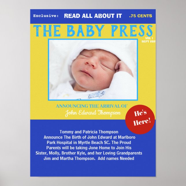 Póster Niños Blue Yellow Keepsake Photo Birth Poster (Frente)
