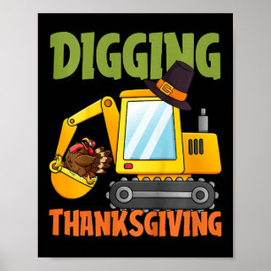 Póster Niños cavando Día de Acción de Gracias Excavadora 