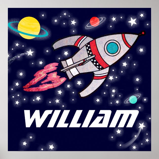 Póster Niños con espacio de cohetes con nombre poster azu (Frente)