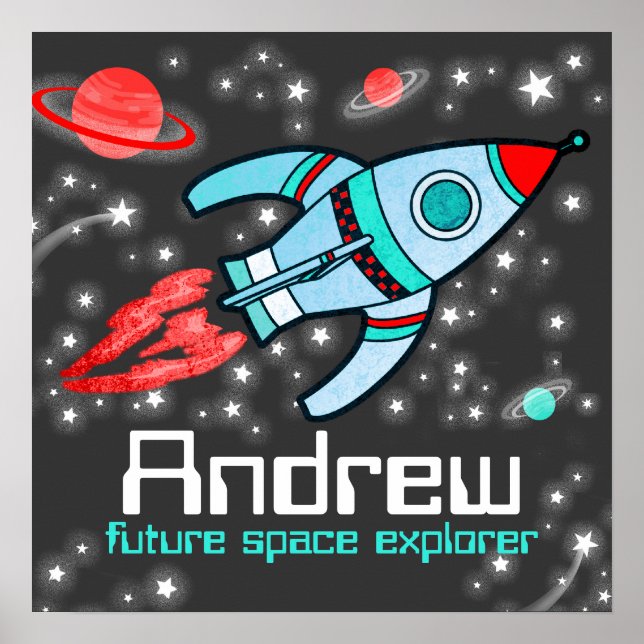 Póster Niños con espacio para cohetes con nombre poster r (Frente)
