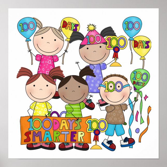 Póster Niños con la figura de stick 100 días más intelige (Frente)