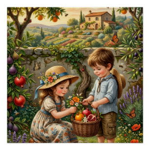 Póster Niños cosechando manzanas en el rústico campo