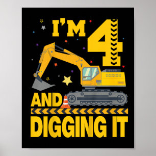 Póster Niños Cuatro años de Excavadora de Cumpleaños de 4