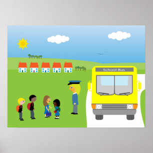 Póster Niños Cuidados Esperando Ir Al Poster De Autobús E