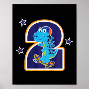 Póster Niños Cumpleaños Divertido Dinosaurio Patinando 2 
