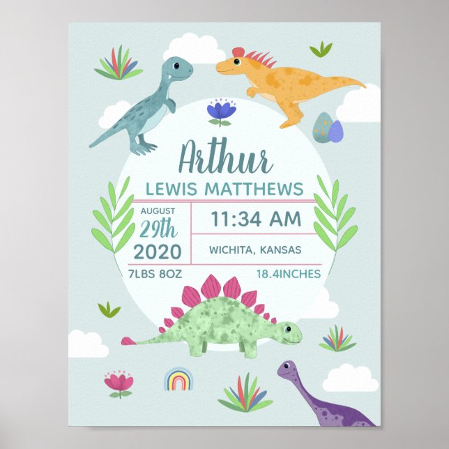 Póster Niños Cute Blue Dinosaur Nacimientos Estadísticas  (Frente)