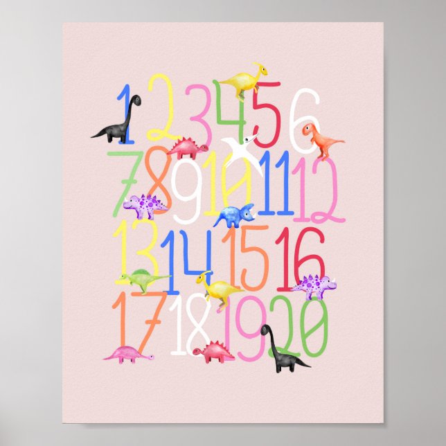 Póster Niños Cute Dinosaurio 1-20 Niños Números de Guarde (Frente)