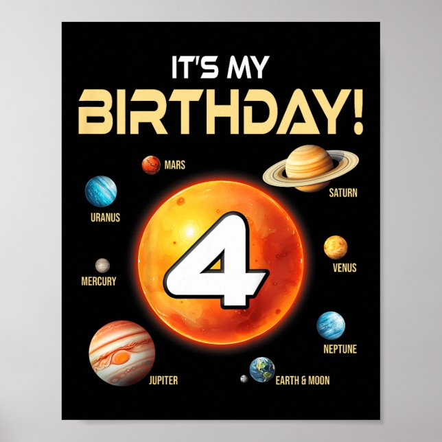 Póster Niños Cute Sistema Solar Cuarto Cumpleaños Cuatro  (Frente)