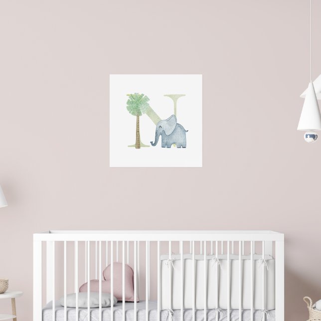 Póster Niños Cutos ELEFANTES Animales Monograma N Nursera (Guardería 2)