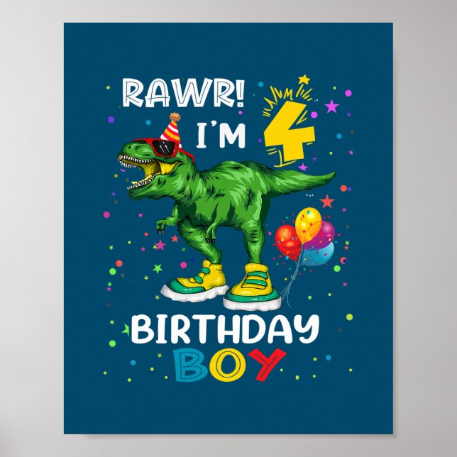 Póster Niños de 4 años de edad 4º cumpleaños T Rex Dinosa (Frente)