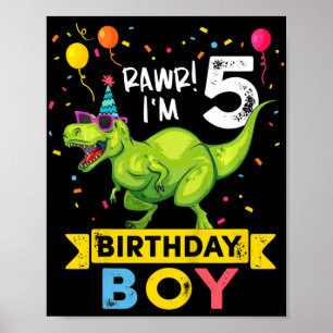 Póster Niños de 5 años de edad 5º cumpleaños T Rex Dinosa