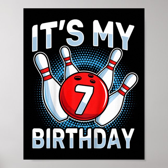 Póster Niños de 7 años Bowling, 7º cumpleaños, chicos G (Frente)