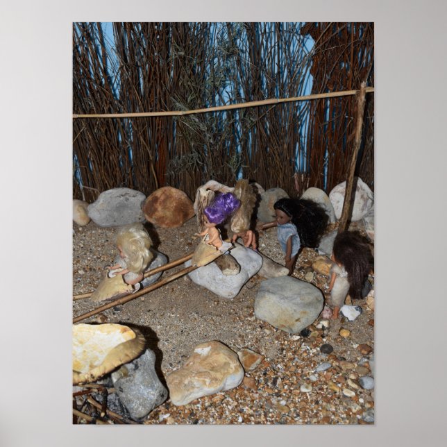 Póster Niños de la edad de piedra jugando. (Frente)