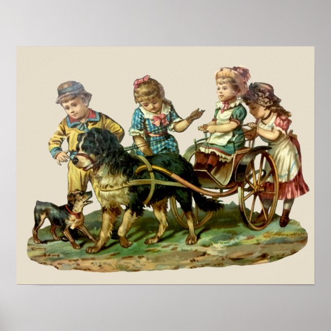 Póster Niños de la época de la cosecha y vagón de perros (Frente)