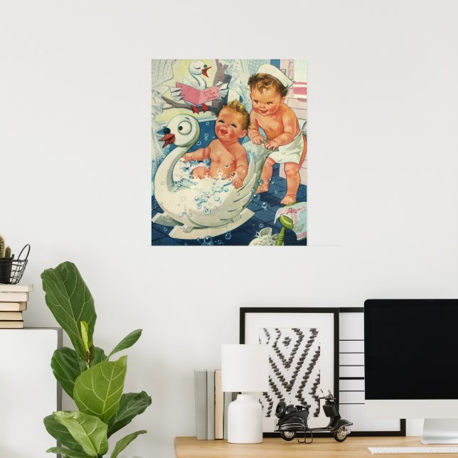 Póster Niños de la época jugando con burbujas en la bañer (Oficina en casa)